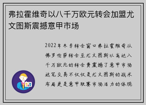 弗拉霍维奇以八千万欧元转会加盟尤文图斯震撼意甲市场