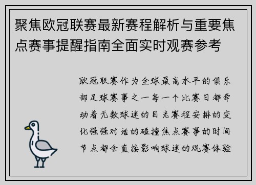 聚焦欧冠联赛最新赛程解析与重要焦点赛事提醒指南全面实时观赛参考